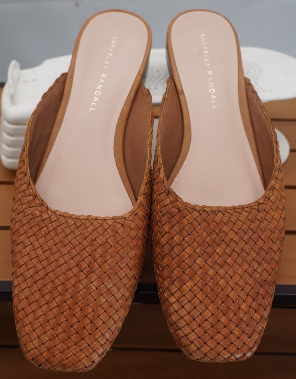 Loeffler Randall Zosia Woven Leather Mules Flat Square Toe Timber Brown Sz 8B